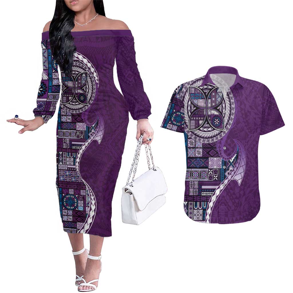 Samoan Siapo Art Tattoo Polynesian Pattern Couples Matching Off The Shoulder Long Sleeve Dress and Hawaiian Shirt Purple Color LT03 Purple - Polynesian Pride