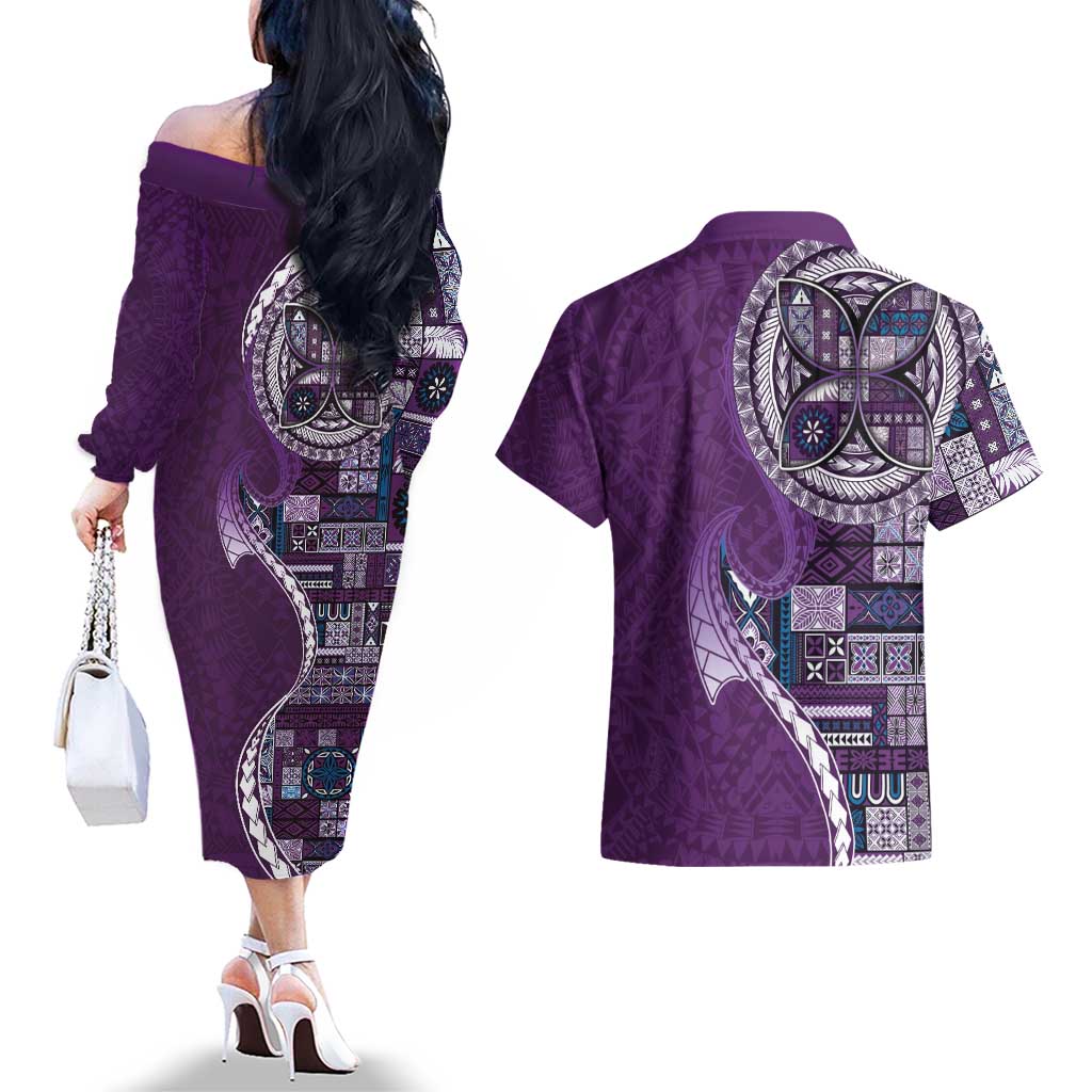 Samoan Siapo Art Tattoo Polynesian Pattern Couples Matching Off The Shoulder Long Sleeve Dress and Hawaiian Shirt Purple Color LT03 - Polynesian Pride