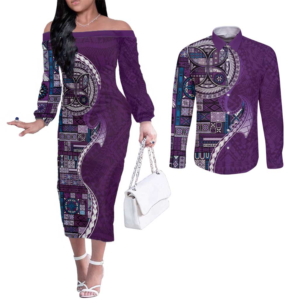 Samoan Siapo Art Tattoo Polynesian Pattern Couples Matching Off The Shoulder Long Sleeve Dress and Long Sleeve Button Shirt Purple Color LT03 Purple - Polynesian Pride