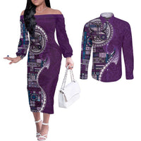 Samoan Siapo Art Tattoo Polynesian Pattern Couples Matching Off The Shoulder Long Sleeve Dress and Long Sleeve Button Shirt Purple Color LT03 Purple - Polynesian Pride