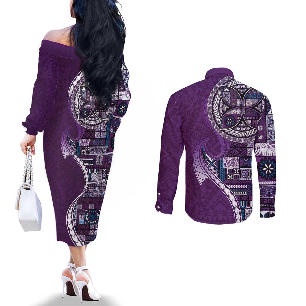 Samoan Siapo Art Tattoo Polynesian Pattern Couples Matching Off The Shoulder Long Sleeve Dress and Long Sleeve Button Shirt Purple Color LT03 - Polynesian Pride