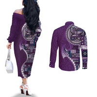 Samoan Siapo Art Tattoo Polynesian Pattern Couples Matching Off The Shoulder Long Sleeve Dress and Long Sleeve Button Shirt Purple Color LT03 - Polynesian Pride