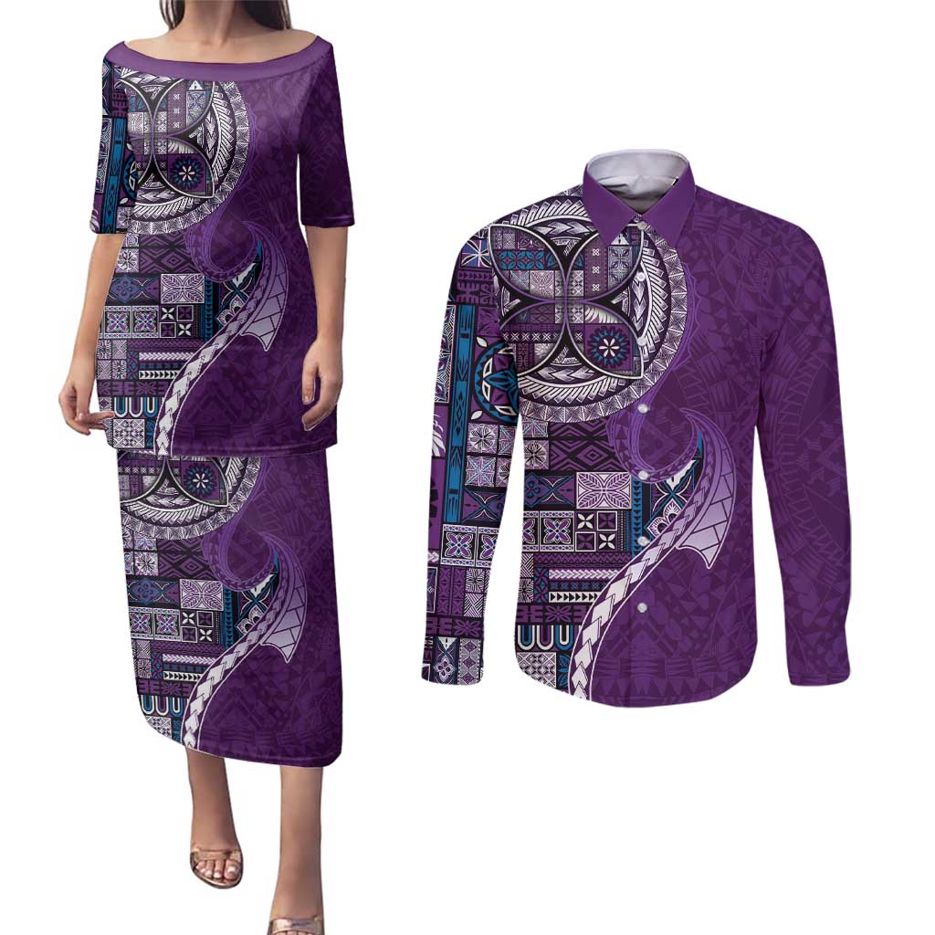 Samoan Siapo Art Tattoo Polynesian Pattern Couples Matching Puletasi and Long Sleeve Button Shirt Purple Color - Polynesian Pride