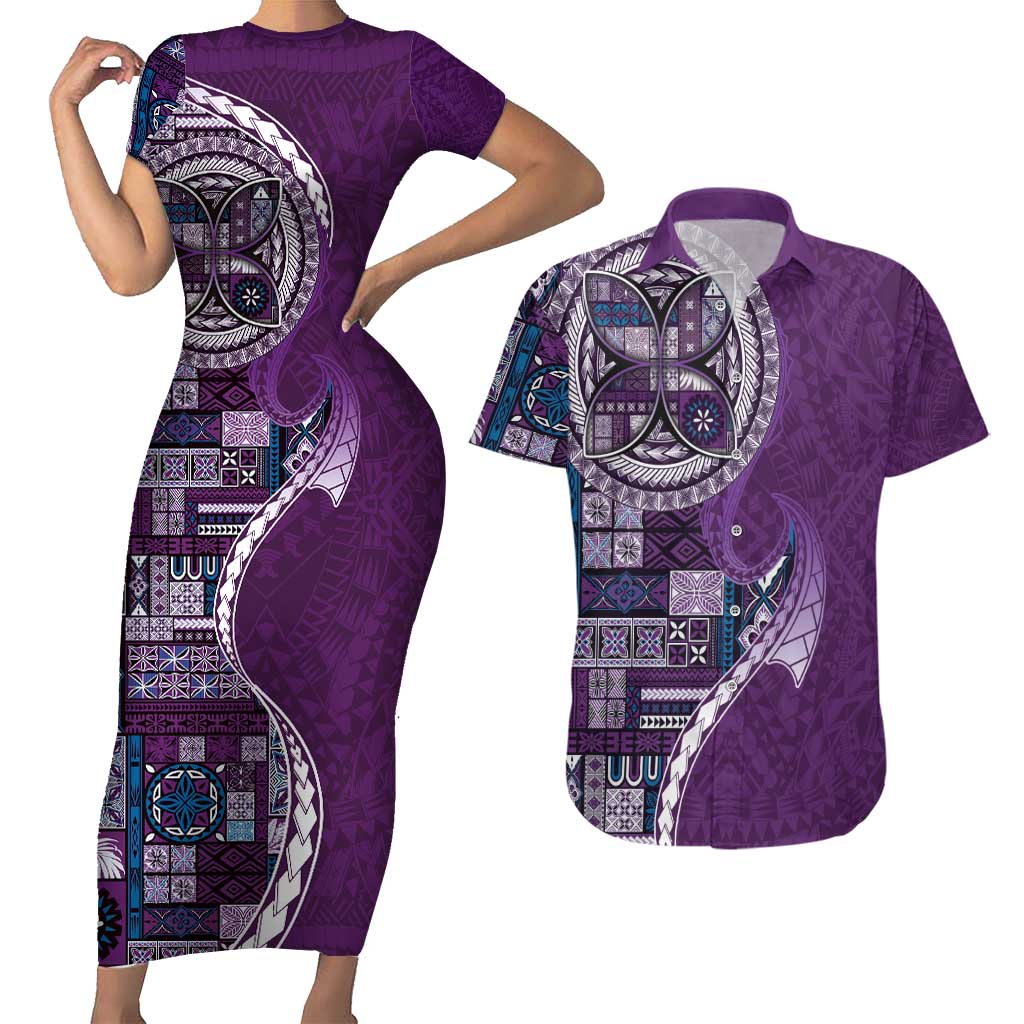 Samoan Siapo Art Tattoo Polynesian Pattern Couples Matching Short Sleeve Bodycon Dress and Hawaiian Shirt Purple Color LT03 Purple - Polynesian Pride