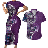Samoan Siapo Art Tattoo Polynesian Pattern Couples Matching Short Sleeve Bodycon Dress and Hawaiian Shirt Purple Color LT03 Purple - Polynesian Pride