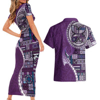 Samoan Siapo Art Tattoo Polynesian Pattern Couples Matching Short Sleeve Bodycon Dress and Hawaiian Shirt Purple Color LT03 - Polynesian Pride