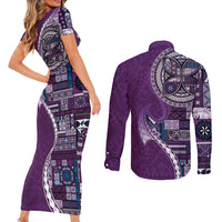 Samoan Siapo Art Tattoo Polynesian Pattern Couples Matching Short Sleeve Bodycon Dress and Long Sleeve Button Shirt Purple Color LT03 - Polynesian Pride