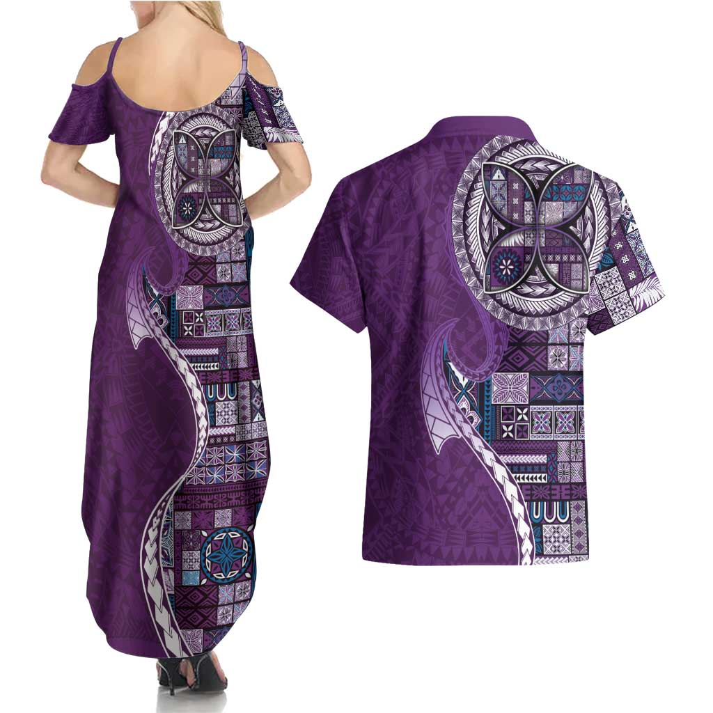 Samoan Siapo Art Tattoo Polynesian Pattern Couples Matching Summer Maxi Dress and Hawaiian Shirt Purple Color LT03 - Polynesian Pride