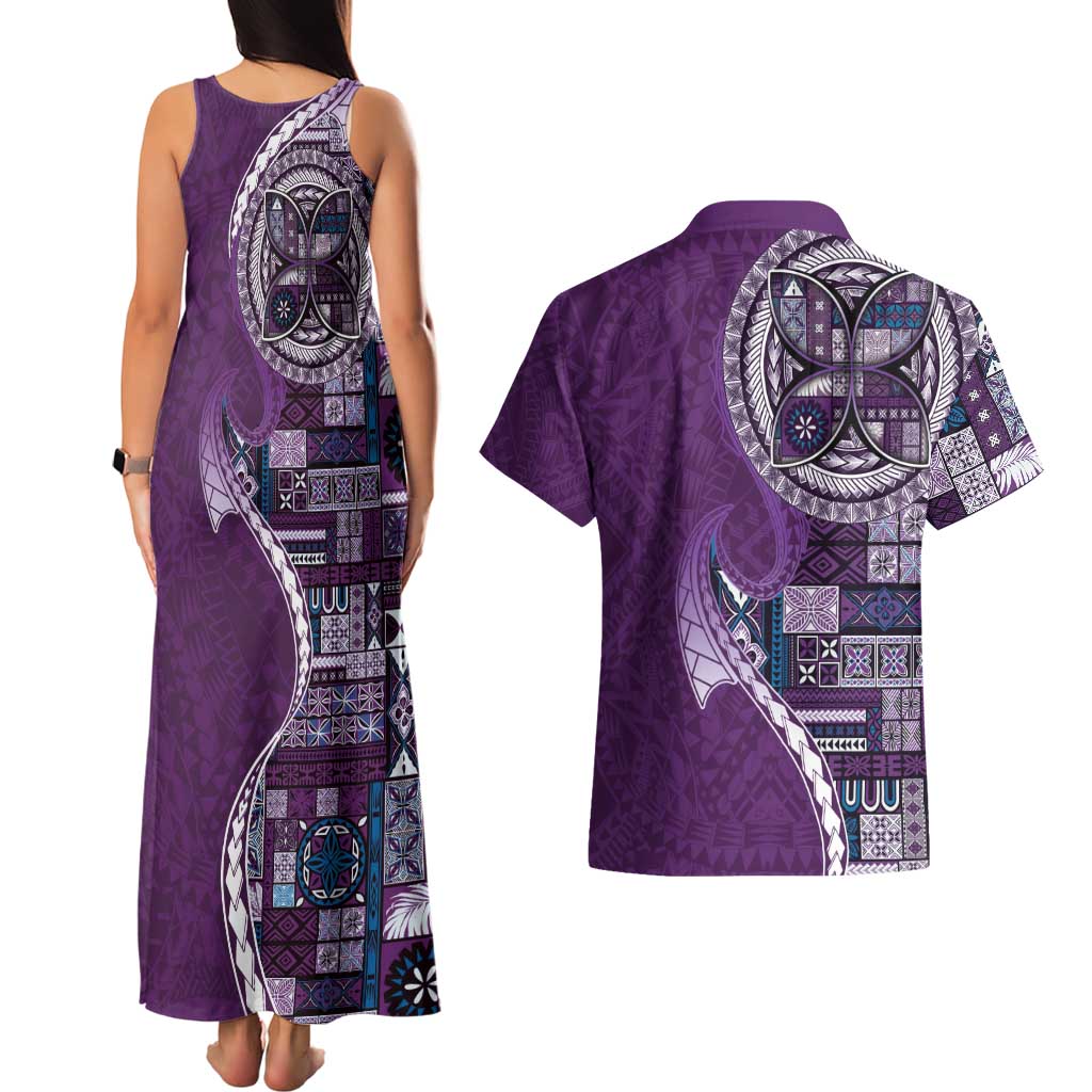 Samoan Siapo Art Tattoo Polynesian Pattern Couples Matching Tank Maxi Dress and Hawaiian Shirt Purple Color LT03 - Polynesian Pride