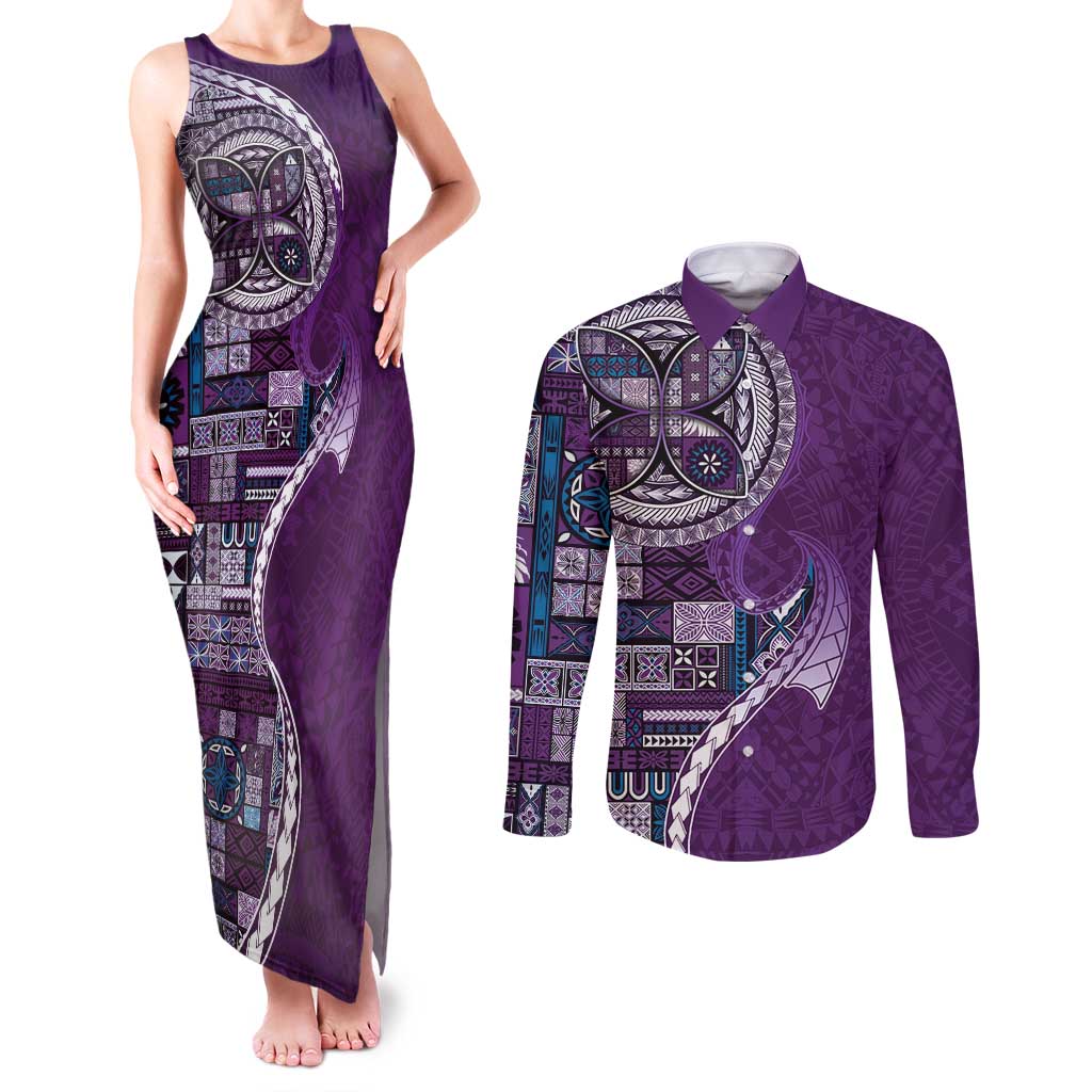 Samoan Siapo Art Tattoo Polynesian Pattern Couples Matching Tank Maxi Dress and Long Sleeve Button Shirt Purple Color LT03 Purple - Polynesian Pride
