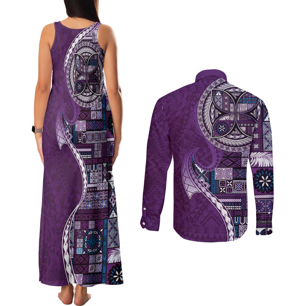 Samoan Siapo Art Tattoo Polynesian Pattern Couples Matching Tank Maxi Dress and Long Sleeve Button Shirt Purple Color LT03 - Polynesian Pride