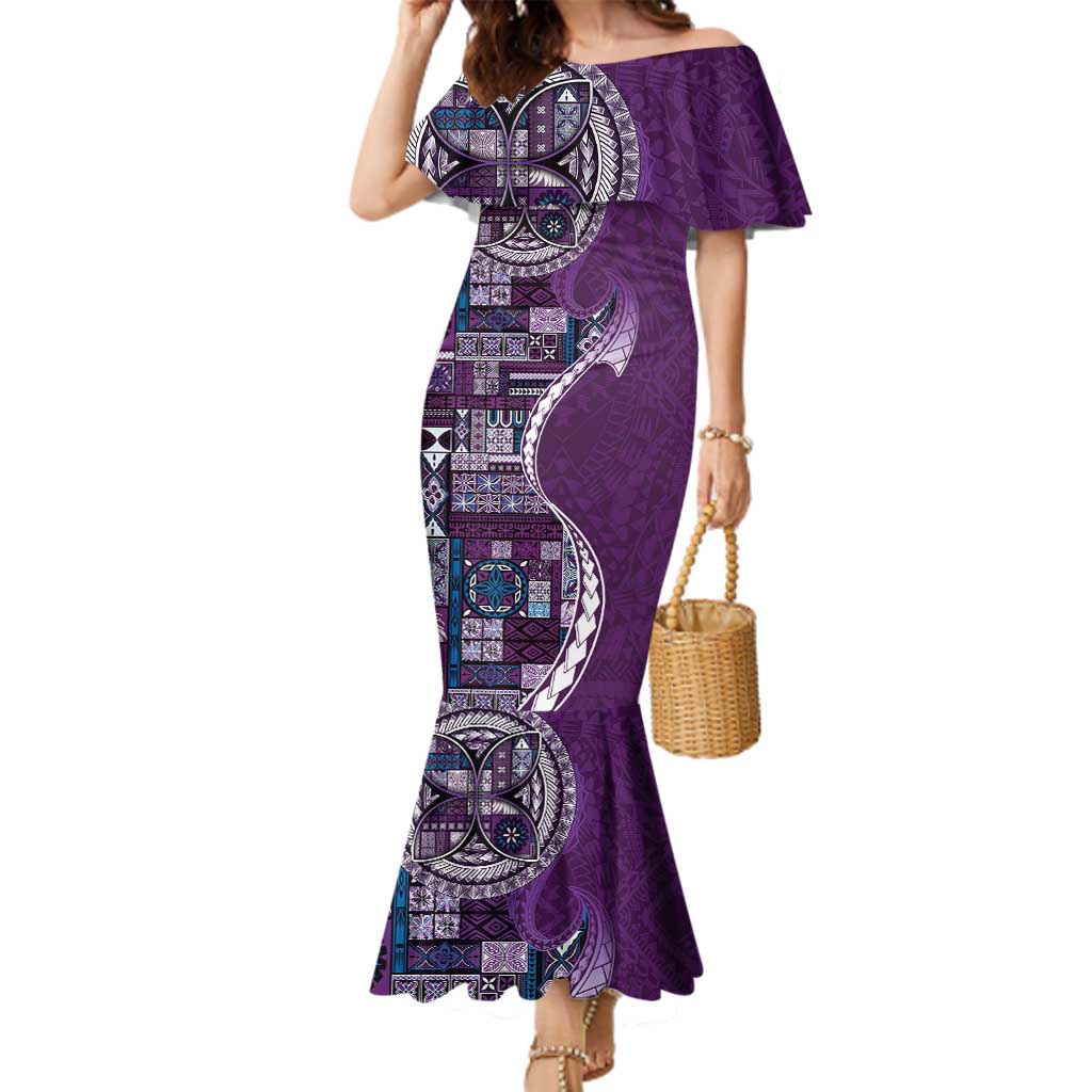 Samoan Siapo Art Tattoo Polynesian Pattern Family Matching Mermaid Dress and Hawaiian Shirt Purple Color LT03 Mom's Dress Purple - Polynesian Pride