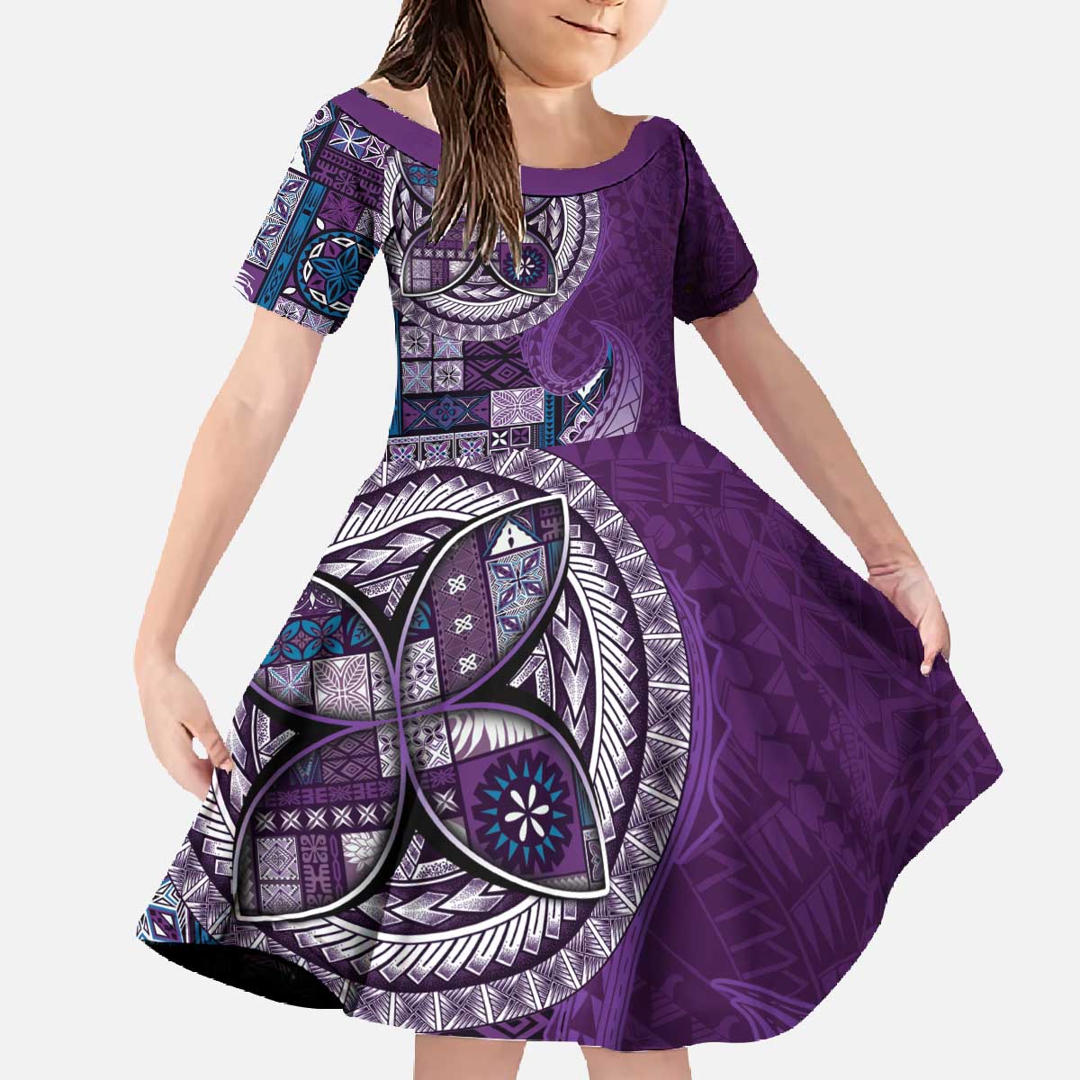 Samoan Siapo Art Tattoo Polynesian Pattern Family Matching Off The Shoulder Long Sleeve Dress and Hawaiian Shirt Purple Color LT03 Daughter's Dress Purple - Polynesian Pride