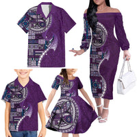 Samoan Siapo Art Tattoo Polynesian Pattern Family Matching Off The Shoulder Long Sleeve Dress and Hawaiian Shirt Purple Color LT03 - Polynesian Pride