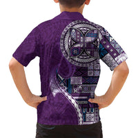 Samoan Siapo Art Tattoo Polynesian Pattern Family Matching Off Shoulder Short Dress and Hawaiian Shirt Purple Color LT03 - Polynesian Pride