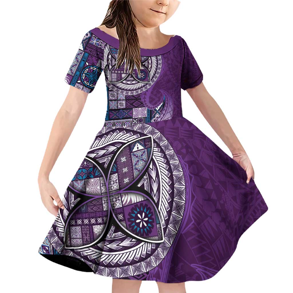 Samoan Siapo Art Tattoo Polynesian Pattern Family Matching Off Shoulder Short Dress and Hawaiian Shirt Purple Color LT03 Daughter's Dress Purple - Polynesian Pride