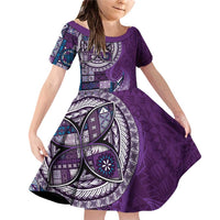 Samoan Siapo Art Tattoo Polynesian Pattern Family Matching Off Shoulder Short Dress and Hawaiian Shirt Purple Color LT03 Daughter's Dress Purple - Polynesian Pride