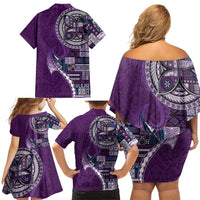 Samoan Siapo Art Tattoo Polynesian Pattern Family Matching Off Shoulder Short Dress and Hawaiian Shirt Purple Color LT03 - Polynesian Pride