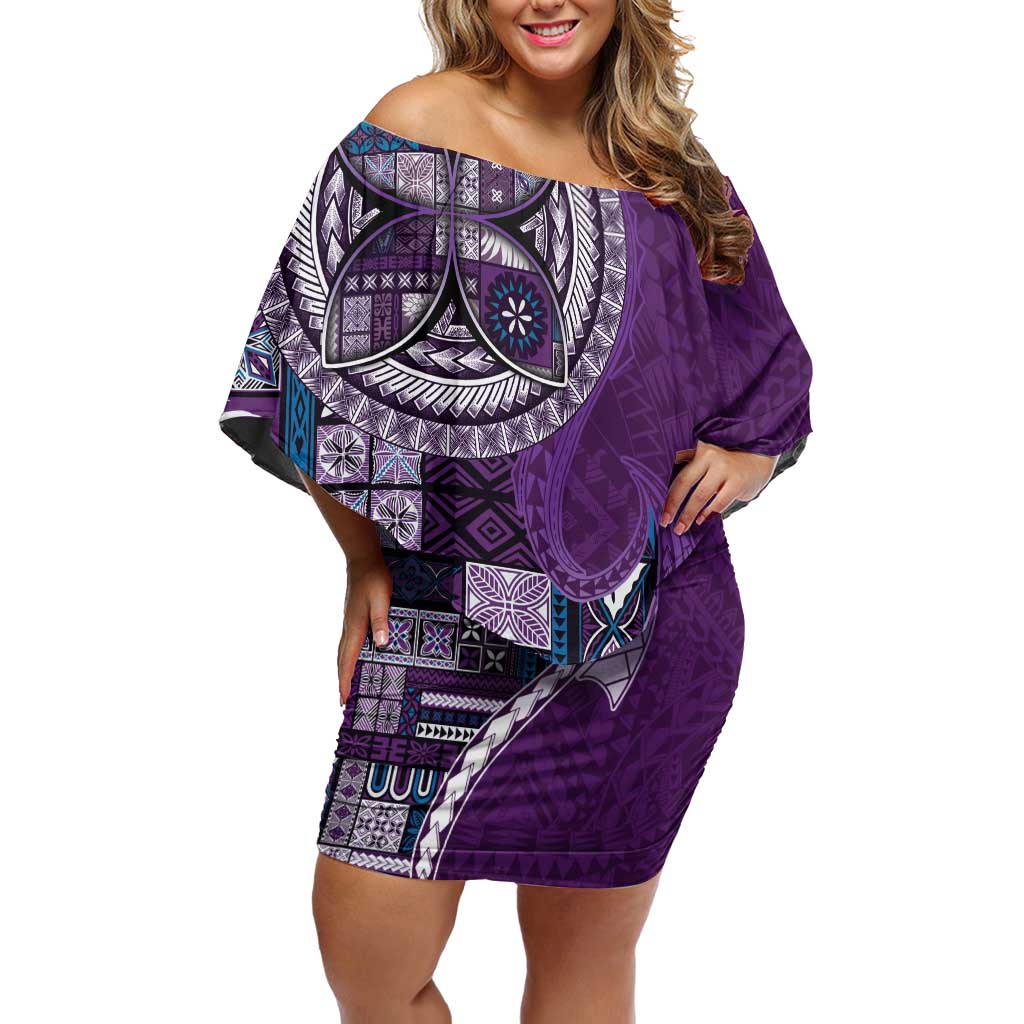 Samoan Siapo Art Tattoo Polynesian Pattern Family Matching Off Shoulder Short Dress and Hawaiian Shirt Purple Color LT03 Mom's Dress Purple - Polynesian Pride