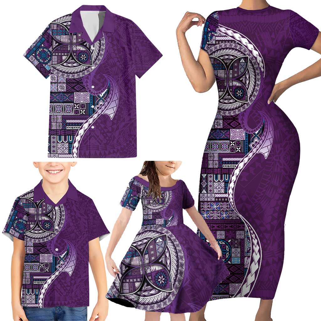 Samoan Siapo Art Tattoo Polynesian Pattern Family Matching Short Sleeve Bodycon Dress and Hawaiian Shirt Purple Color LT03 - Polynesian Pride