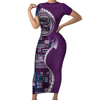 Samoan Siapo Art Tattoo Polynesian Pattern Family Matching Short Sleeve Bodycon Dress and Hawaiian Shirt Purple Color LT03 Mom's Dress Purple - Polynesian Pride