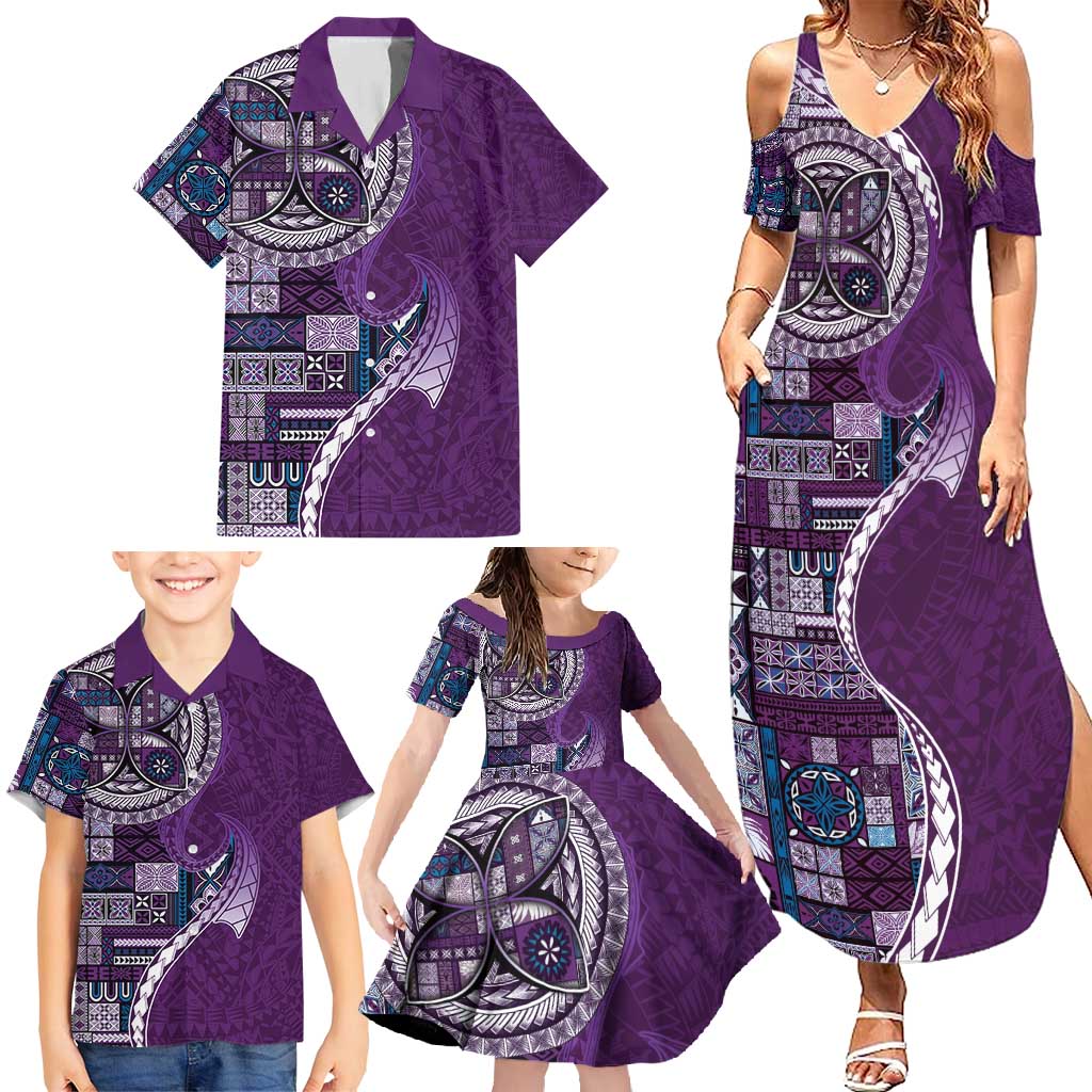 Samoan Siapo Art Tattoo Polynesian Pattern Family Matching Summer Maxi Dress and Hawaiian Shirt Purple Color LT03 - Polynesian Pride