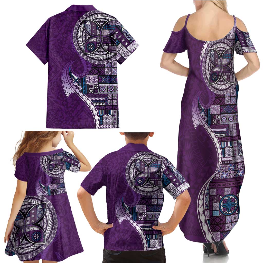 Samoan Siapo Art Tattoo Polynesian Pattern Family Matching Summer Maxi Dress and Hawaiian Shirt Purple Color LT03 - Polynesian Pride