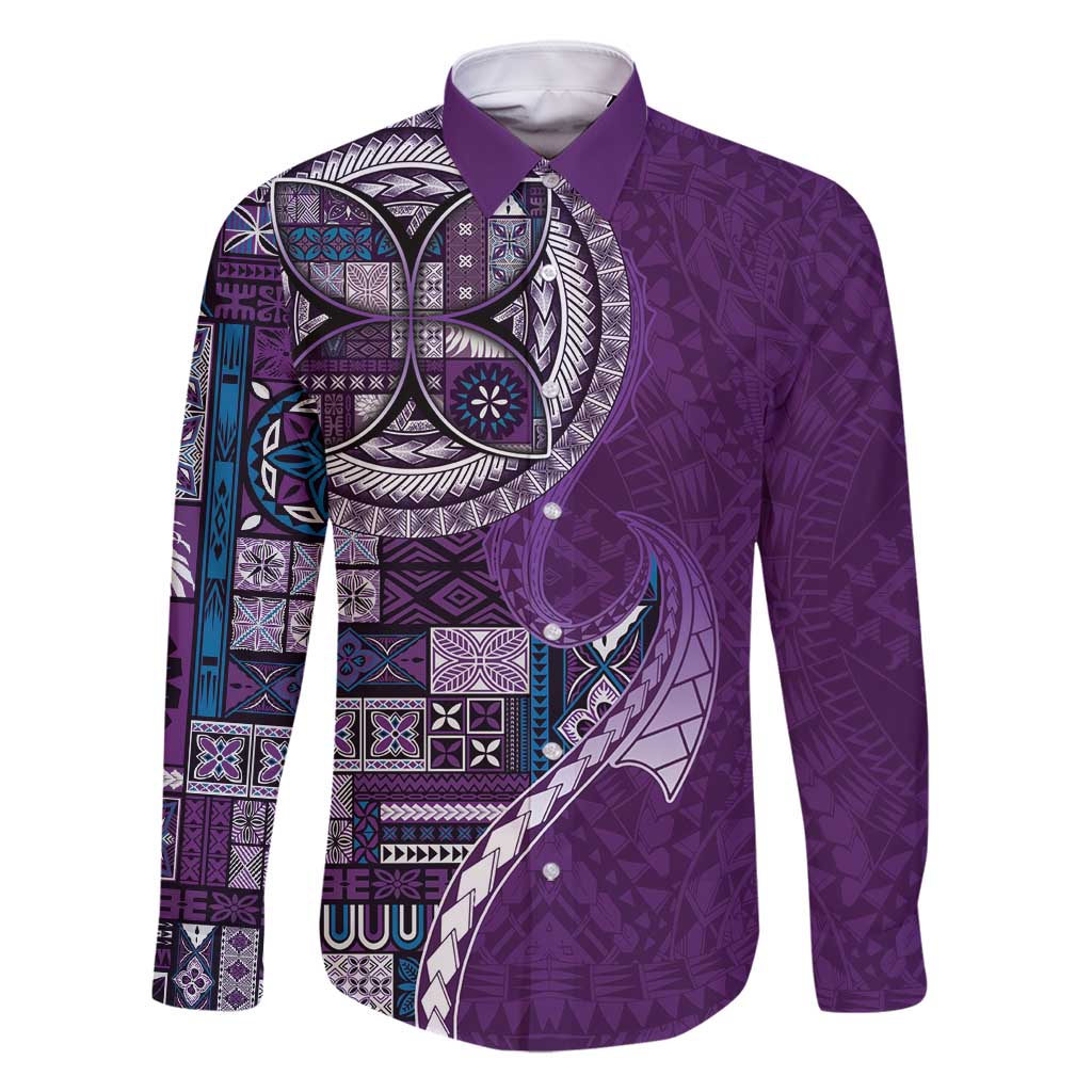 Samoan Siapo Art Tattoo Polynesian Pattern Family Matching Summer Maxi Dress and Hawaiian Shirt Purple Color LT03 Dad's Shirt - Long Sleeve Purple - Polynesian Pride