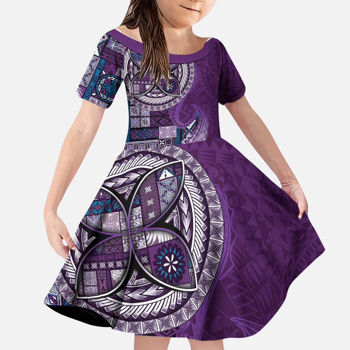 Samoan Siapo Art Tattoo Polynesian Pattern Kid Short Sleeve Dress Purple Color LT03 KID Purple - Polynesian Pride