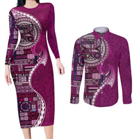 Samoan Siapo Art Tattoo Polynesian Pattern Couples Matching Long Sleeve Bodycon Dress and Long Sleeve Button Shirt Pink Color LT03 Pink - Polynesian Pride