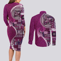 Samoan Siapo Art Tattoo Polynesian Pattern Couples Matching Long Sleeve Bodycon Dress and Long Sleeve Button Shirt Pink Color LT03 - Polynesian Pride