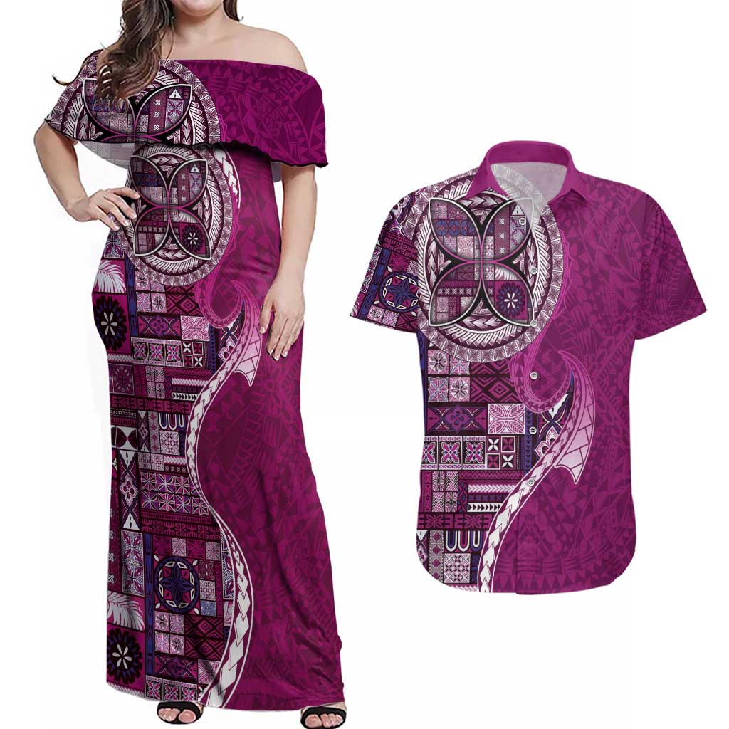 Samoan Siapo Art Tattoo Polynesian Pattern Couples Matching Off Shoulder Maxi Dress and Hawaiian Shirt Pink Color LT03 Pink - Polynesian Pride