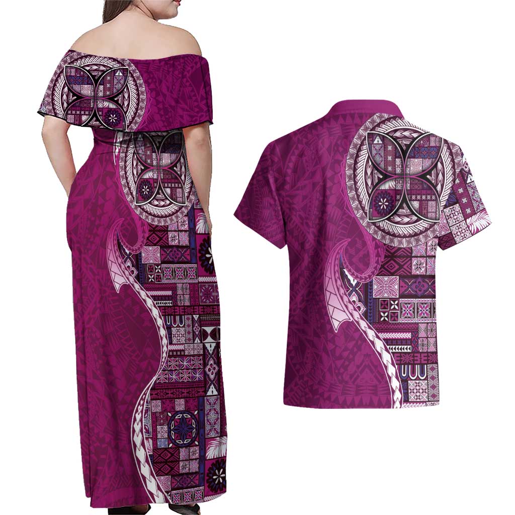 Samoan Siapo Art Tattoo Polynesian Pattern Couples Matching Off Shoulder Maxi Dress and Hawaiian Shirt Pink Color LT03 - Polynesian Pride