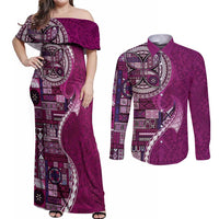 Samoan Siapo Art Tattoo Polynesian Pattern Couples Matching Off Shoulder Maxi Dress and Long Sleeve Button Shirt Pink Color - Polynesian Pride
