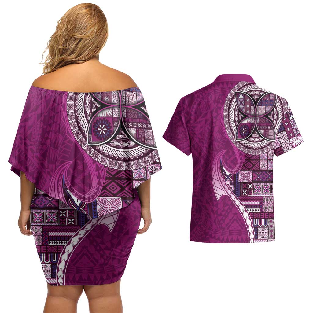 Samoan Siapo Art Tattoo Polynesian Pattern Couples Matching Off Shoulder Short Dress and Hawaiian Shirt Pink Color LT03 - Polynesian Pride