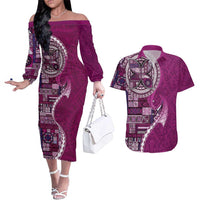 Samoan Siapo Art Tattoo Polynesian Pattern Couples Matching Off The Shoulder Long Sleeve Dress and Hawaiian Shirt Pink Color LT03 Pink - Polynesian Pride