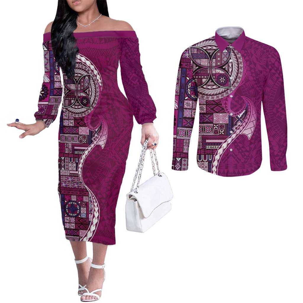Samoan Siapo Art Tattoo Polynesian Pattern Couples Matching Off The Shoulder Long Sleeve Dress and Long Sleeve Button Shirt Pink Color LT03 Pink - Polynesian Pride