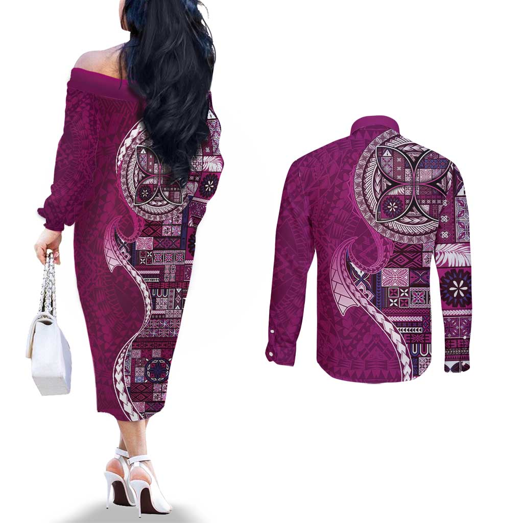 Samoan Siapo Art Tattoo Polynesian Pattern Couples Matching Off The Shoulder Long Sleeve Dress and Long Sleeve Button Shirt Pink Color LT03 - Polynesian Pride