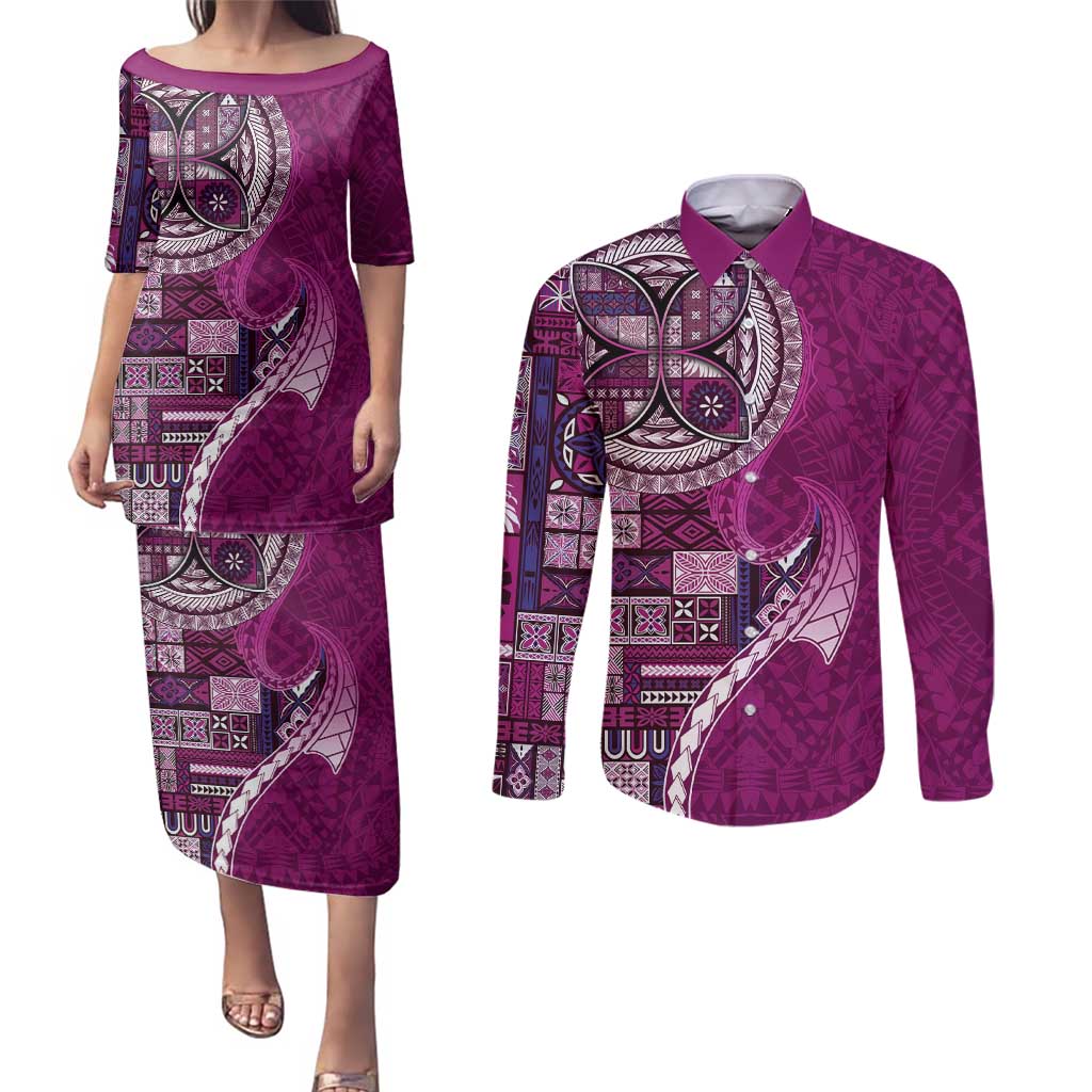Samoan Siapo Art Tattoo Polynesian Pattern Couples Matching Puletasi and Long Sleeve Button Shirt Pink Color - Polynesian Pride