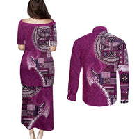 Samoan Siapo Art Tattoo Polynesian Pattern Couples Matching Puletasi and Long Sleeve Button Shirt Pink Color - Polynesian Pride