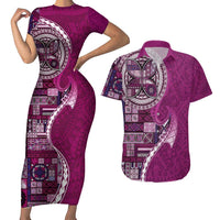 Samoan Siapo Art Tattoo Polynesian Pattern Couples Matching Short Sleeve Bodycon Dress and Hawaiian Shirt Pink Color LT03 Pink - Polynesian Pride