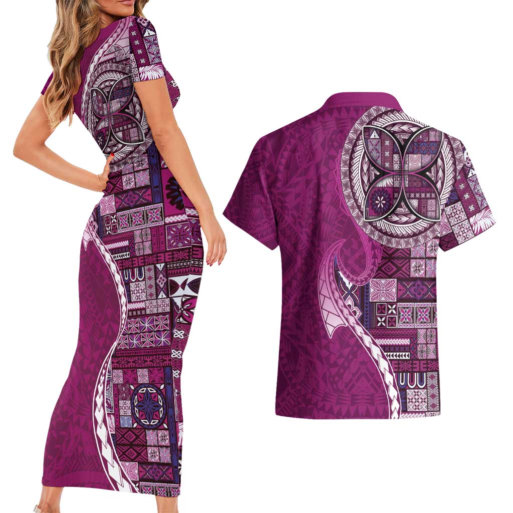 Samoan Siapo Art Tattoo Polynesian Pattern Couples Matching Short Sleeve Bodycon Dress and Hawaiian Shirt Pink Color LT03 - Polynesian Pride