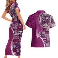 Samoan Siapo Art Tattoo Polynesian Pattern Couples Matching Short Sleeve Bodycon Dress and Hawaiian Shirt Pink Color LT03 - Polynesian Pride