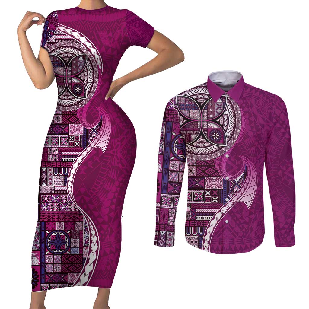 Samoan Siapo Art Tattoo Polynesian Pattern Couples Matching Short Sleeve Bodycon Dress and Long Sleeve Button Shirt Pink Color LT03 Pink - Polynesian Pride