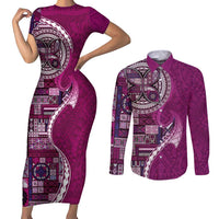 Samoan Siapo Art Tattoo Polynesian Pattern Couples Matching Short Sleeve Bodycon Dress and Long Sleeve Button Shirt Pink Color LT03 Pink - Polynesian Pride