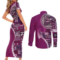 Samoan Siapo Art Tattoo Polynesian Pattern Couples Matching Short Sleeve Bodycon Dress and Long Sleeve Button Shirt Pink Color LT03 - Polynesian Pride