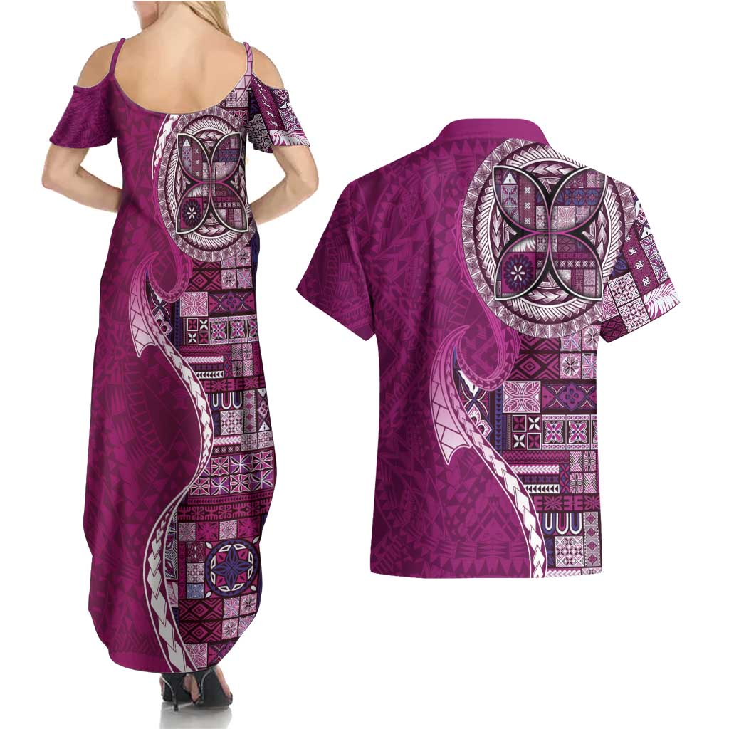 Samoan Siapo Art Tattoo Polynesian Pattern Couples Matching Summer Maxi Dress and Hawaiian Shirt Pink Color - Polynesian Pride