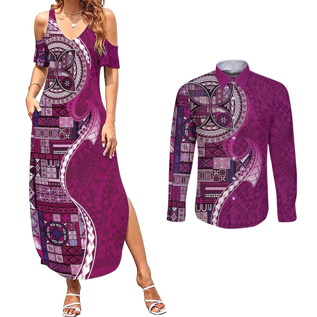Samoan Siapo Art Tattoo Polynesian Pattern Couples Matching Summer Maxi Dress and Long Sleeve Button Shirt Pink Color - Polynesian Pride