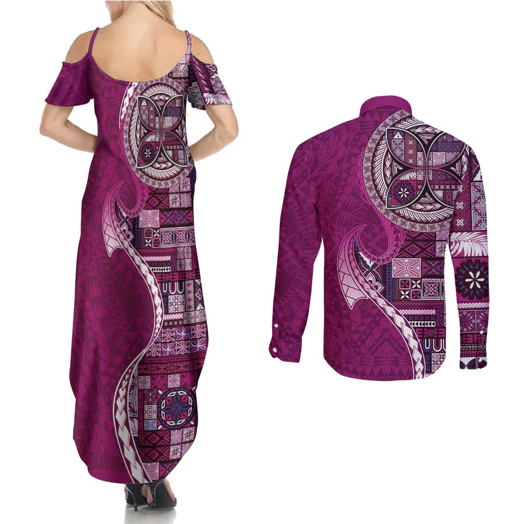Samoan Siapo Art Tattoo Polynesian Pattern Couples Matching Summer Maxi Dress and Long Sleeve Button Shirt Pink Color - Polynesian Pride