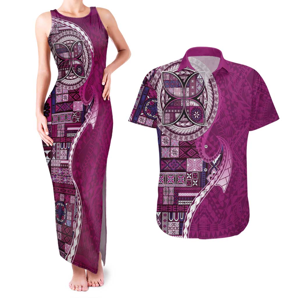 Samoan Siapo Art Tattoo Polynesian Pattern Couples Matching Tank Maxi Dress and Hawaiian Shirt Pink Color - Polynesian Pride